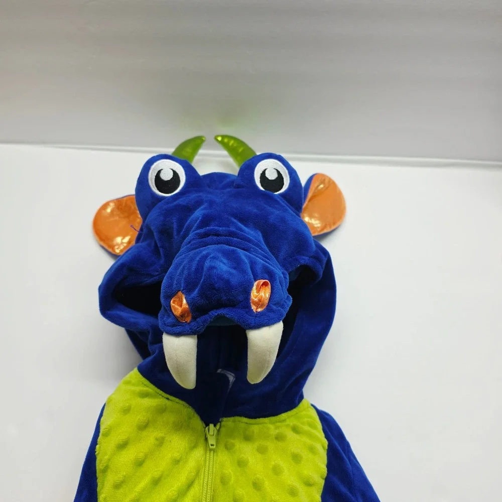 Spooked Dragon Costume Kids 4T Blue Orange Wings Plush Jumpsuit READ FLAW